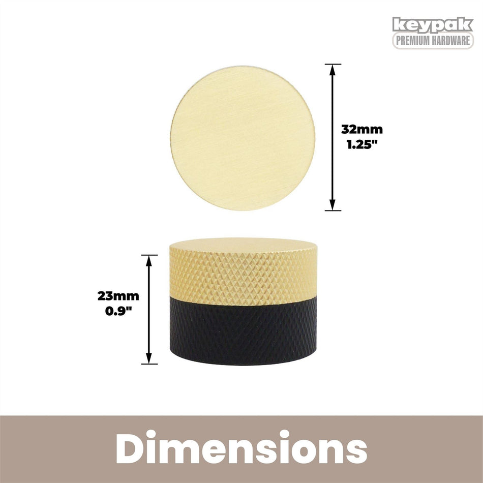 10 Pack Round Knurled Door Knobs 32mm Brushed Brass & Black