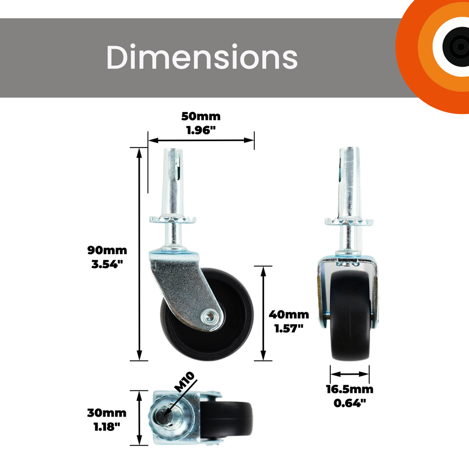 Swivel Castor Wheels 40mm Diameter, Black Plastic, Stem Fixing - 4 Pack