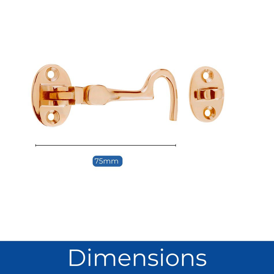 Cabin Hook Eye Latch 3 Inch (75mm) Gate & Door Lock - Polished Brass