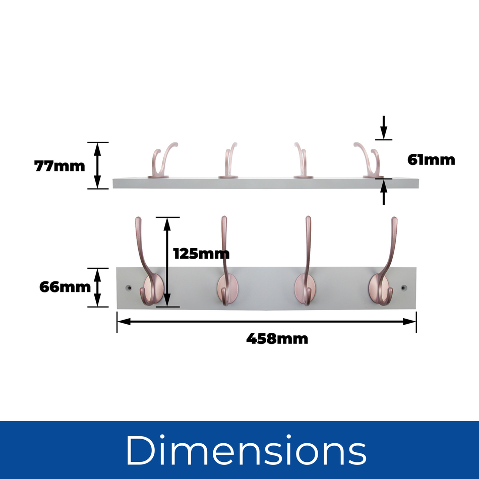 Dove Grey Wall Mounted Coat Rack with Victorian Rose Gold Hooks - 4 Double Hooks