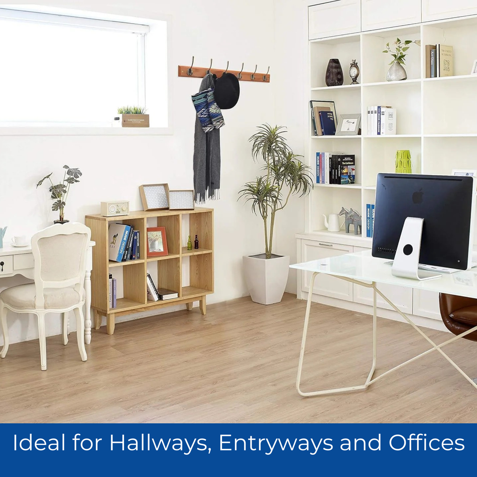 Oak Effect Wall Mounted Coat Rack with Victorian Antique Brass Hooks - 6 Double Hooks