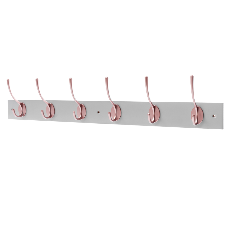 Dove Grey Wall Mounted Coat Rack with Victorian Rose Gold Hooks - 6 Double Hooks