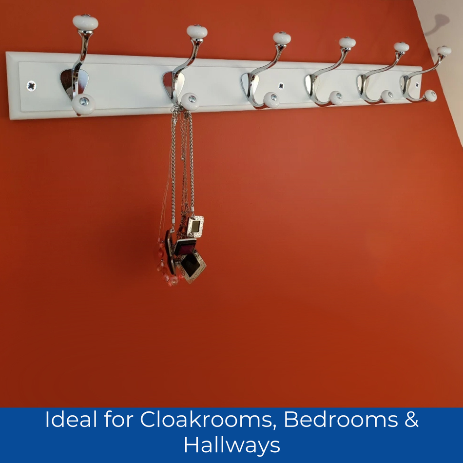 White Wooden Wall Mounted Coat Rack with Ceramic Tip Hooks - 6 Hooks