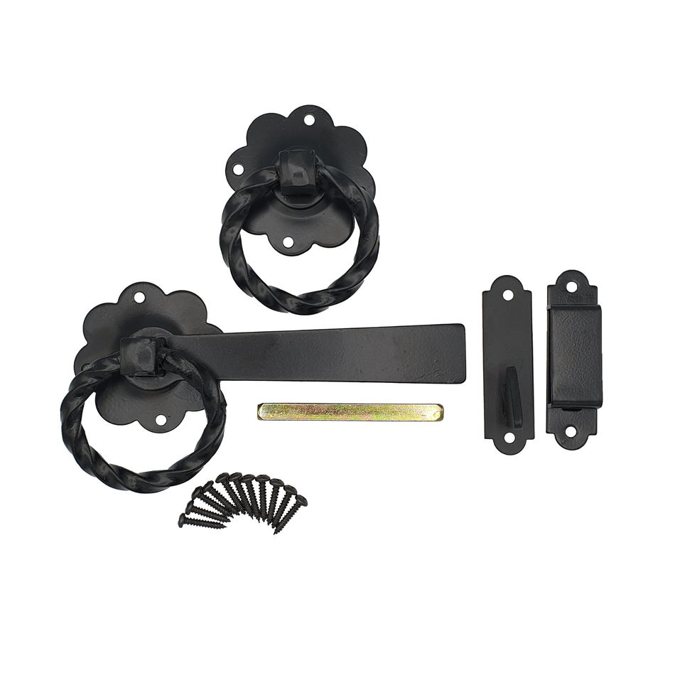 Ring Gate Latch Heavy Duty Twisted 152mm (6 inch) - Black Powder Coated