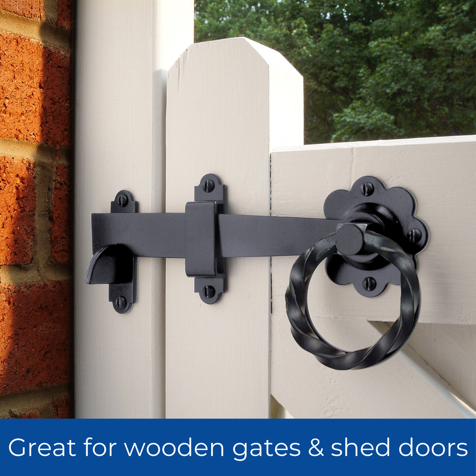 Ring Gate Latch Heavy Duty Twisted 152mm (6 inch) - Black Powder Coated