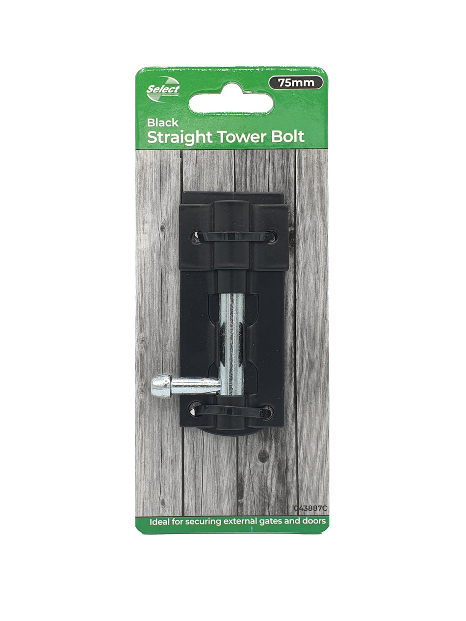 75mm Tower Bolt, Black Finish, Heavy-Duty, Secure Gates, Doors, and Garden Sheds