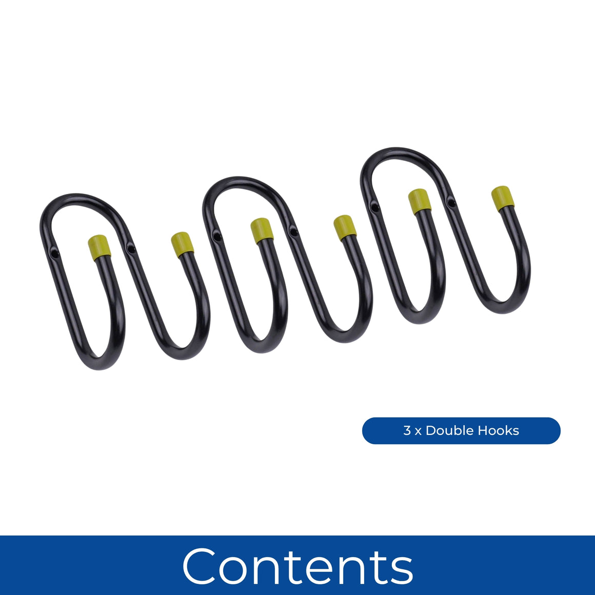 Heavy Duty Metal Utility Double Wall Hooks 7cm Black Yellow End Caps Pack 3 - Select Hardware