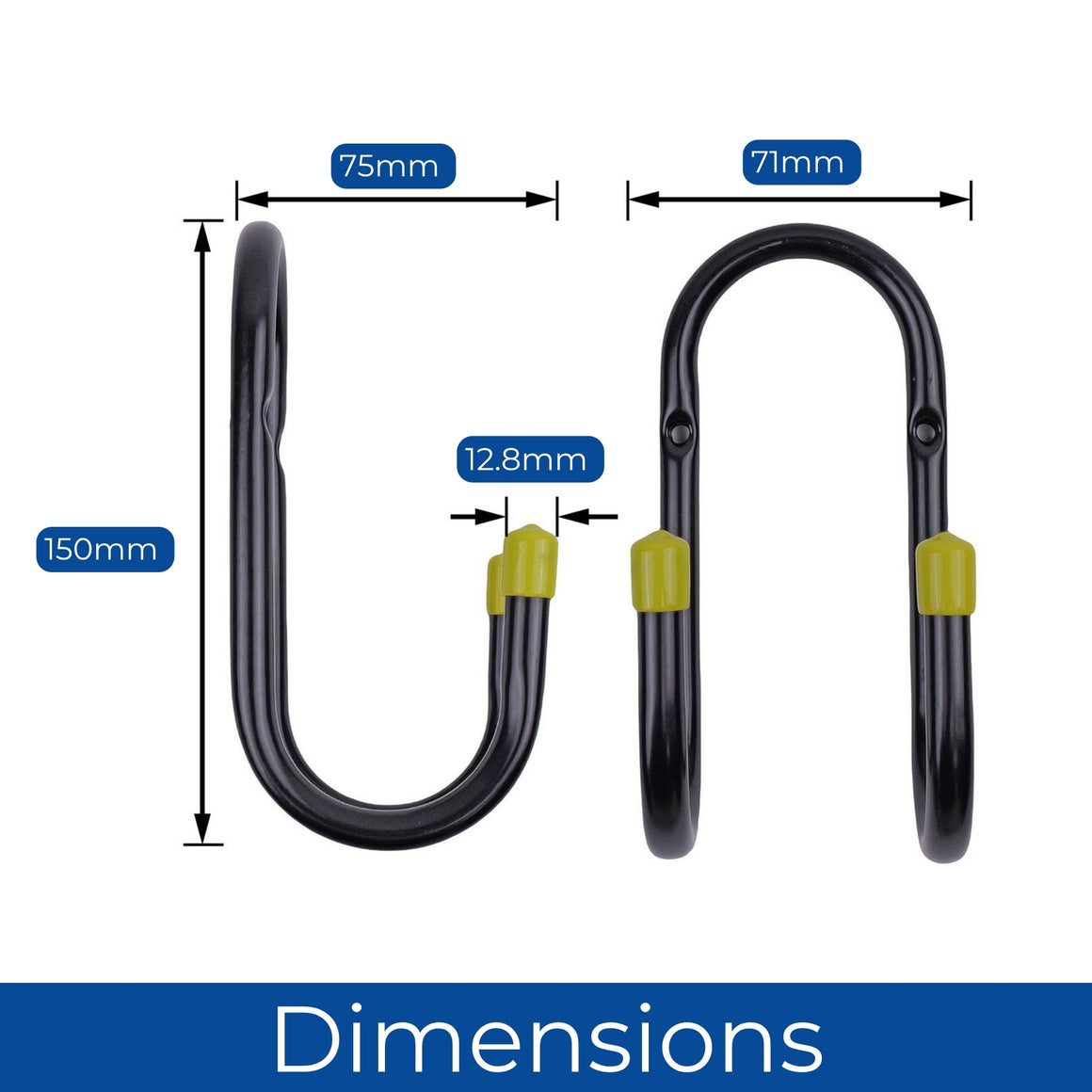 Heavy Duty Metal Utility Double Wall Hooks 7cm Black Yellow End Caps Pack 3 - Select Hardware