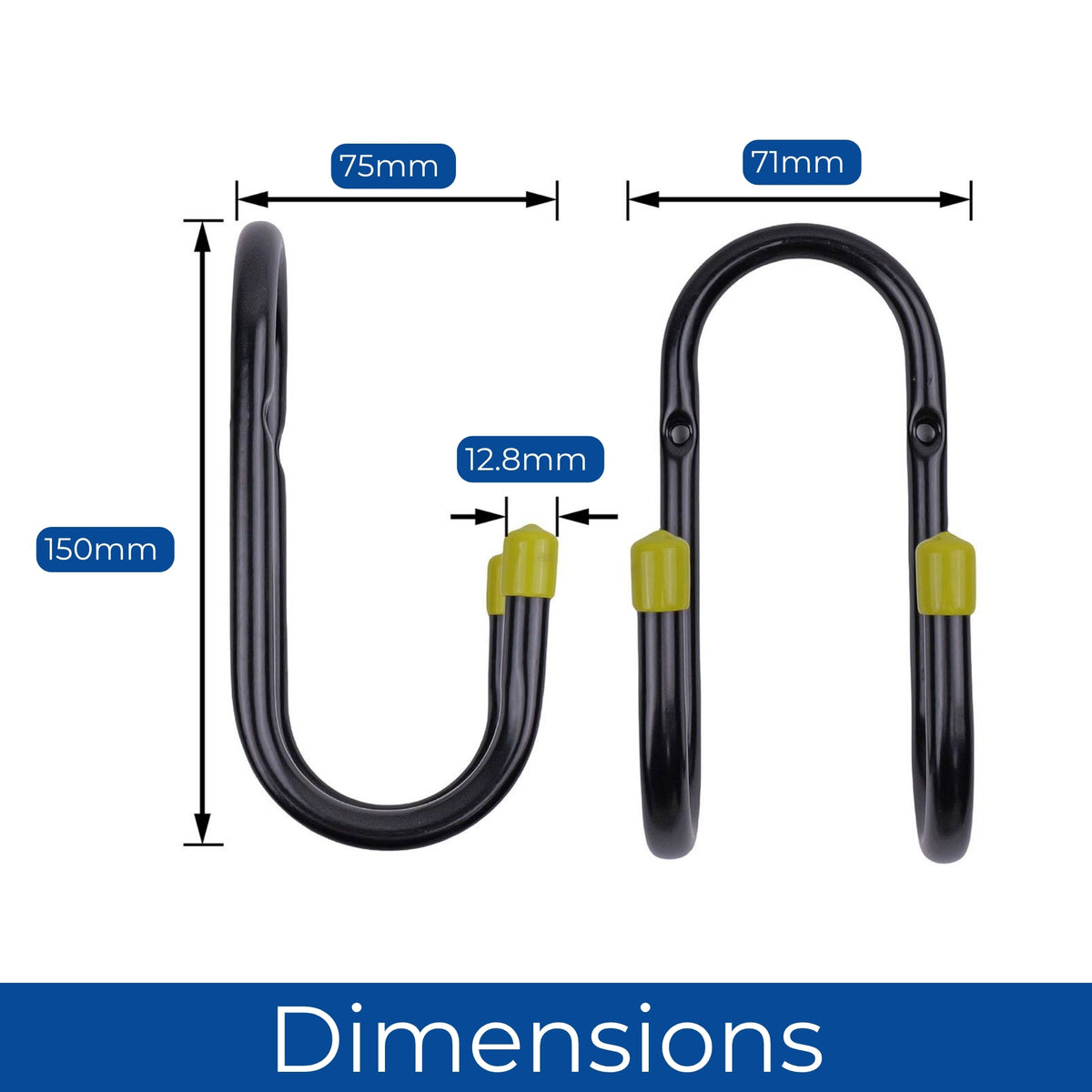 Heavy Duty Metal Utility Double Wall Hooks 7cm Black Yellow End Caps Pack 3 - Select Hardware