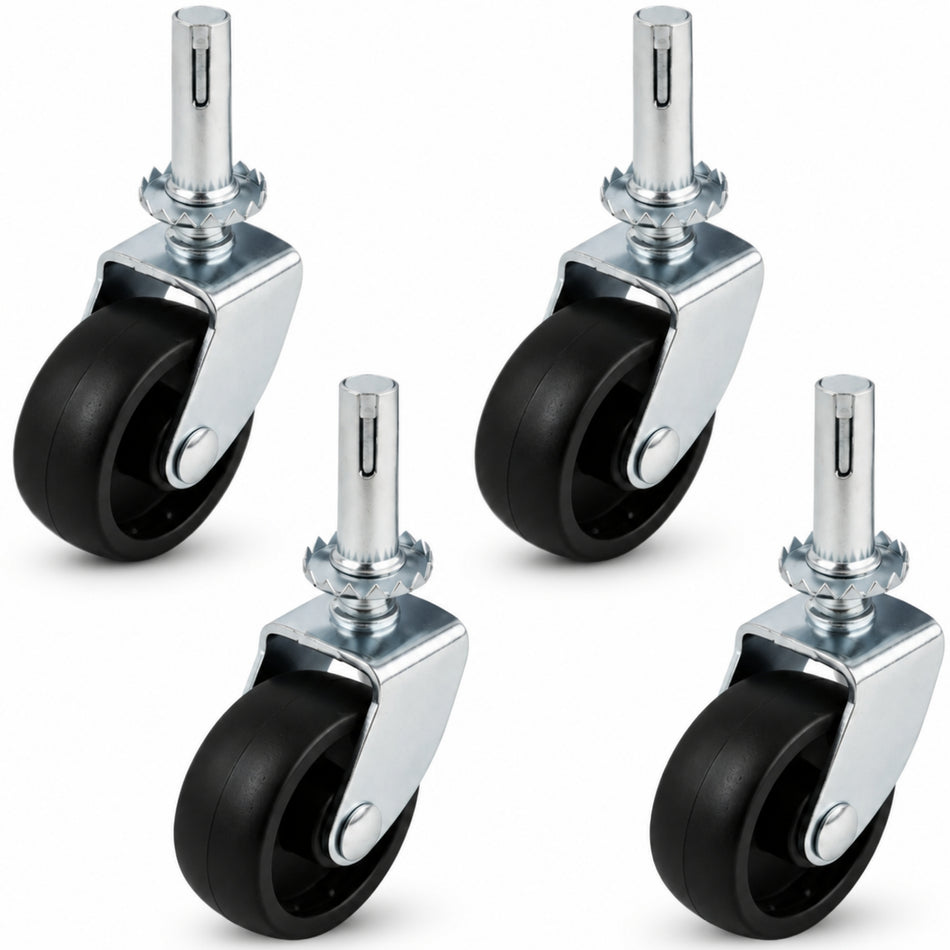 Swivel Castor Wheels 40mm Diameter, Black Plastic, Stem Fixing - 4 Pack