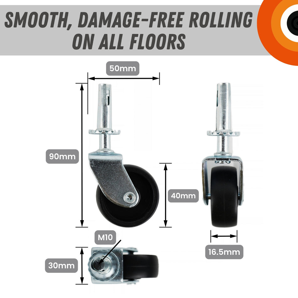 Swivel Castor Wheels 40mm Diameter, Black Plastic, Stem Fixing - 4 Pack