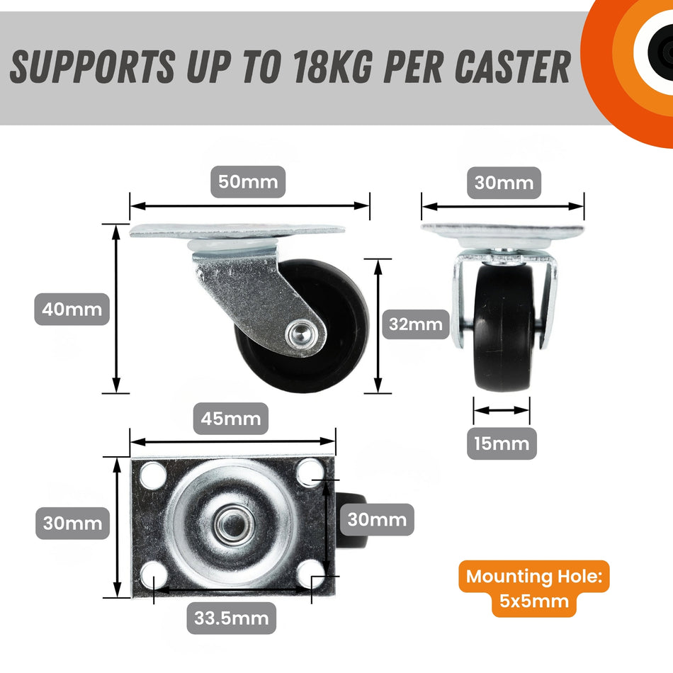 Swivel Castor Wheels 32mm Diameter, Plate Fixing, 18kg Load - 4 Pack