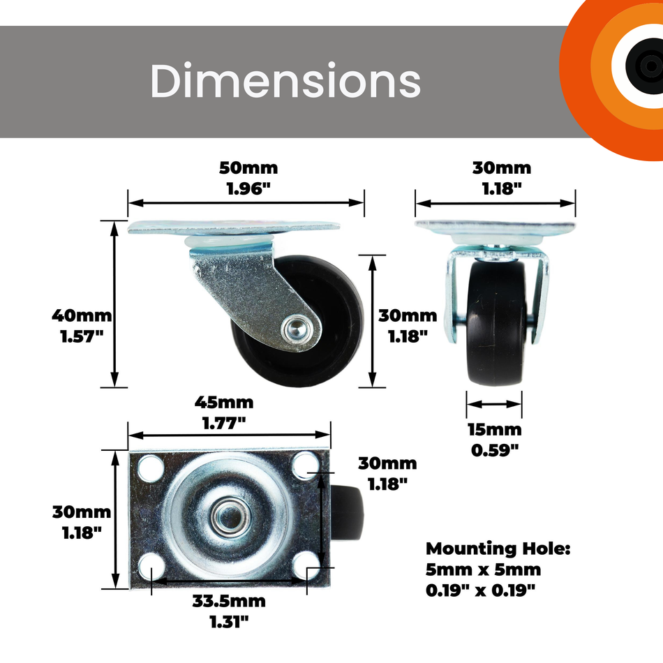 Swivel Castor Wheels 32mm Diameter, Plate Fixing, 18kg Load - 4 Pack