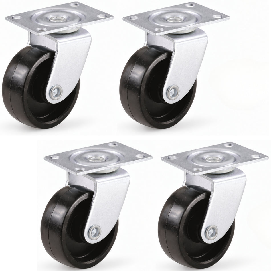Swivel Castor Wheels 40mm Diameter, Black Plastic, Plate Fixing, 18kg Load - 4 Pack