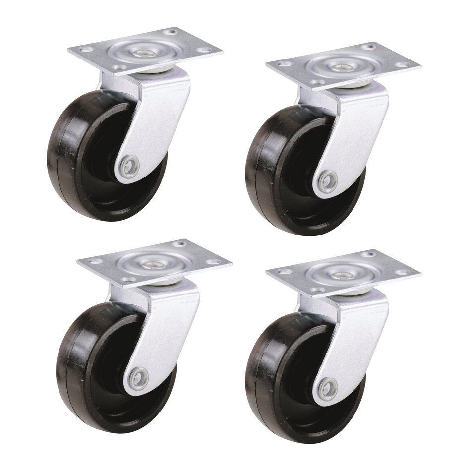 Swivel Castor Wheels 40mm Diameter, Black Plastic, Plate Fixing, 23kg Load - 4 Pack