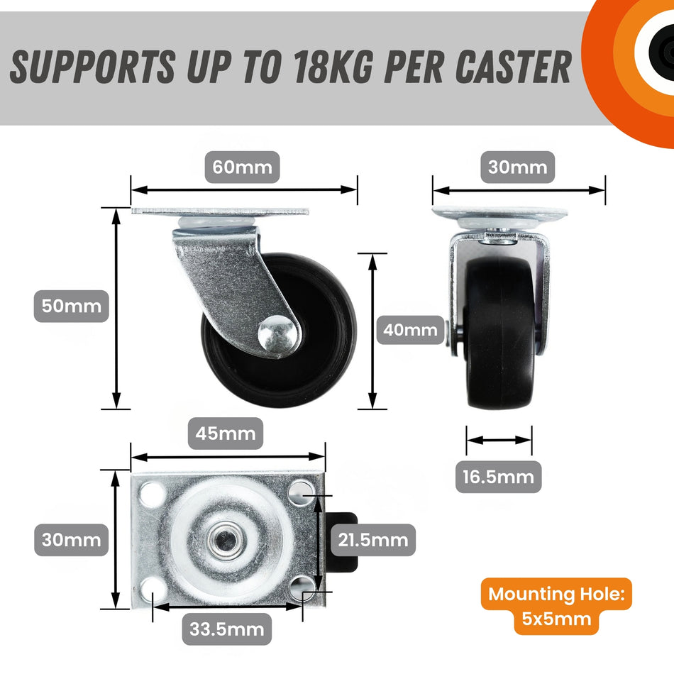 Swivel Castor Wheels 40mm Diameter, Black Plastic, Plate Fixing, 18kg Load - 4 Pack