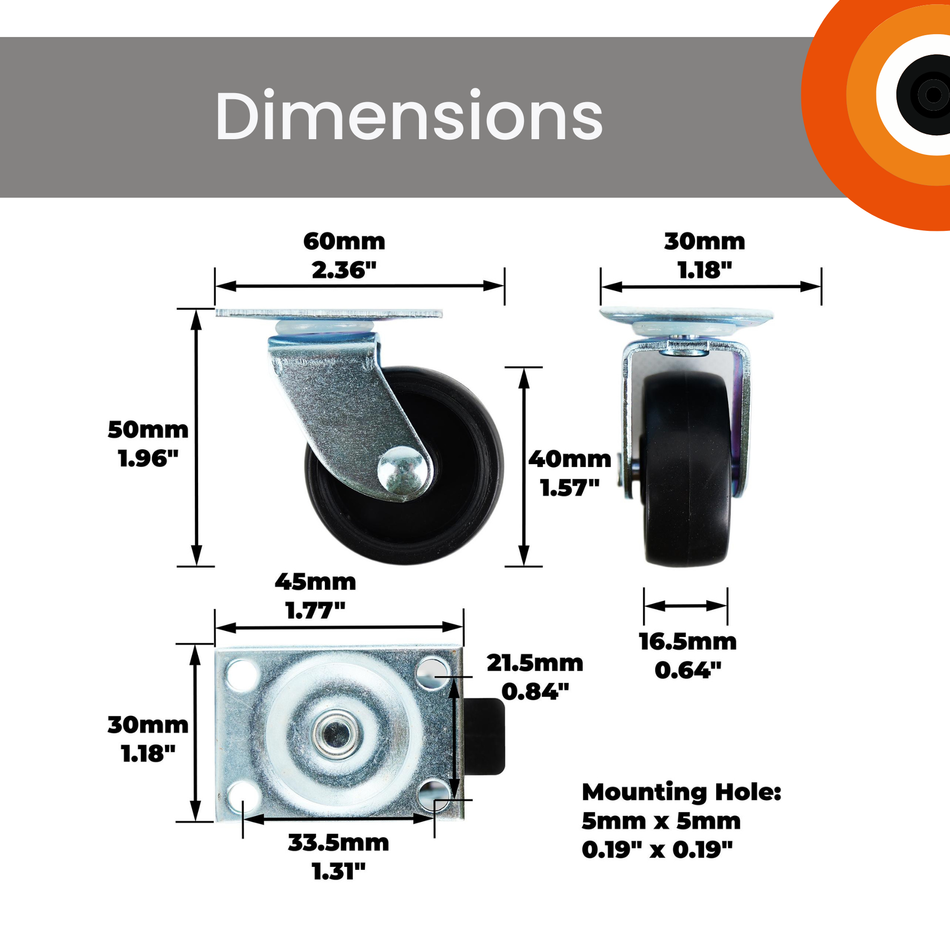 Swivel Castor Wheels 40mm Diameter, Black Plastic, Plate Fixing, 23kg Load - 4 Pack