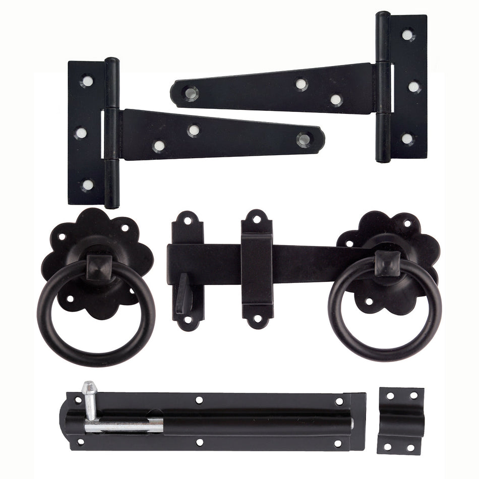 Ring Gate Latch, Bolt & Hinge Kit Black PK1