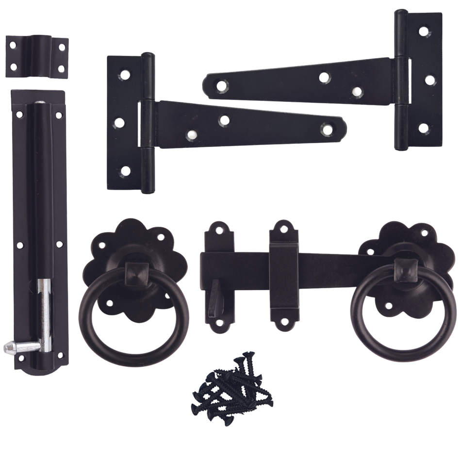 Ring Gate Latch, Bolt & Hinge Kit Black