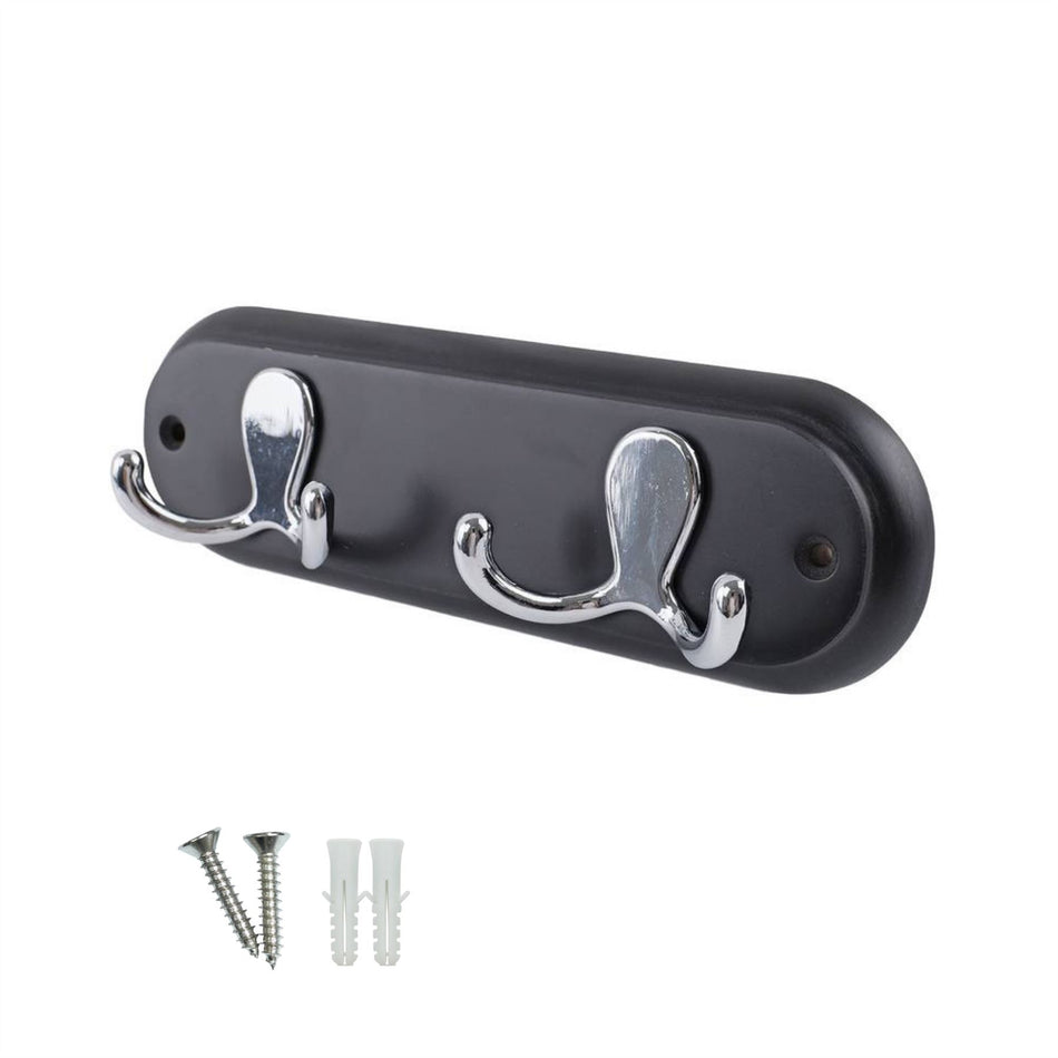 Black Wall Mounted Coat Rack with Chrome Hooks - 2 Double Hooks