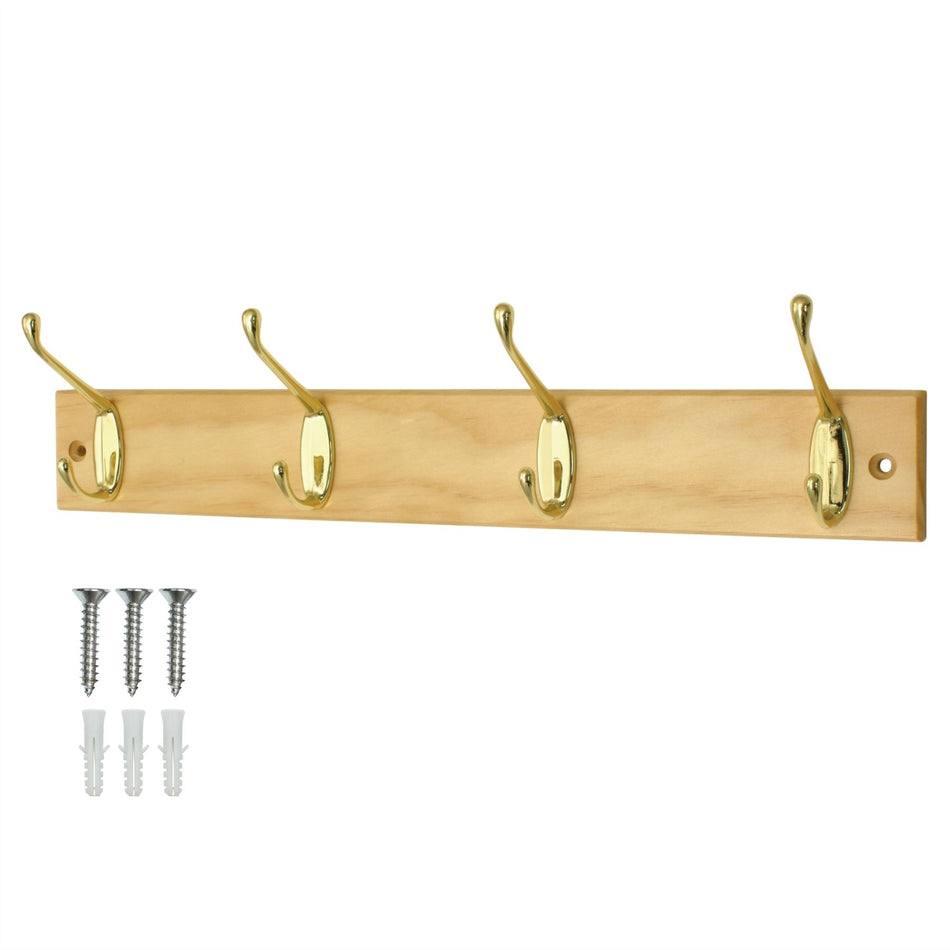 4-Hook Wall Mounted Coat Rack 45cm Pine Board - Double Brass Hooks