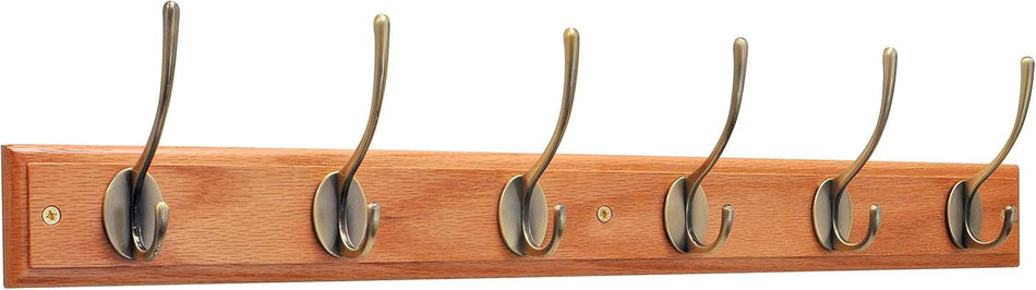 6 Antique Brass Coat Hooks on Oak Wooden Board