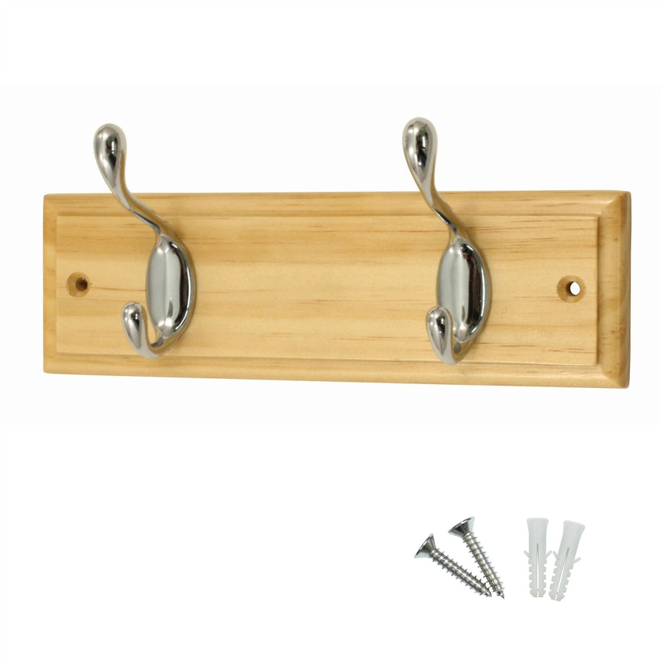 2 Polished Chrome Hooks on Pine Wooden Board