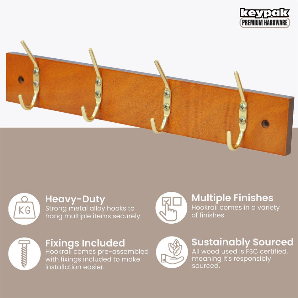 4 Brass Coat Hooks on Pine Wooden Board