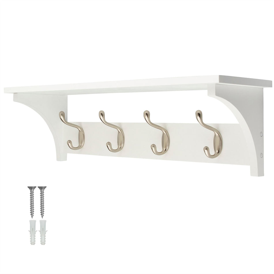 Victorian 4 Hook Coat Rack Wall Mounted with Shelf - 56cm - White