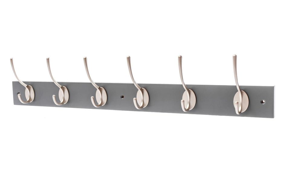 6 Satin Nickel Coat Hooks on Slate Grey Wooden Board
