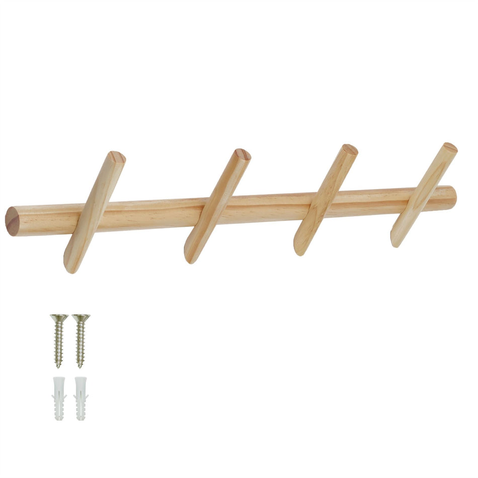 Floating Wooden Coat Rack for Wall, 4 Hooks, 60cm - Pine