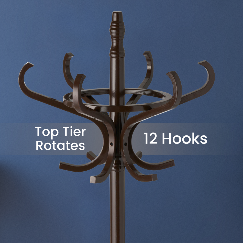 Wooden Coat Stand & Umbrella Holder, Rotating Top Tier - Walnut Effect