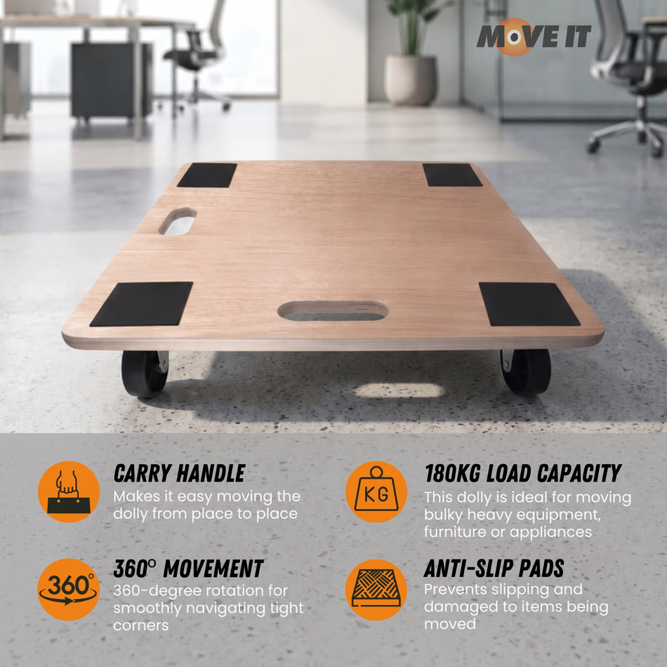 Large Platform Wooden Dolly With Grip Pads - Heavy-Duty Anti-Slip 180kg Load Capacity 59x49cm