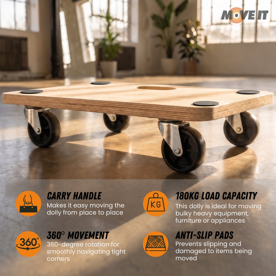 Medium Platform Wooden Dolly With Grip Pads - Heavy-Duty Anti-Slip 180kg Load Capacity 45x30cm