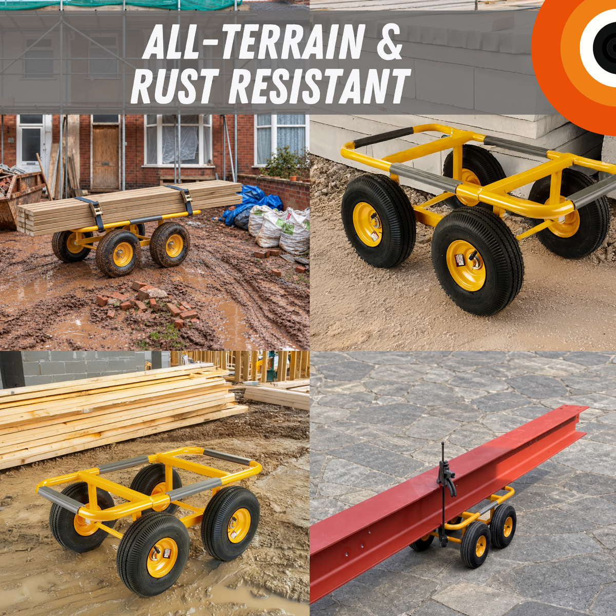 A four-panel collage showcasing a yellow all-terrain utility cart with black wheels in outdoor construction environments. The top-left panel shows the cart transporting wooden beams in muddy terrain, with a gray banner reading 'ALL-TERRAIN & RUST RESISTANT' across the top.