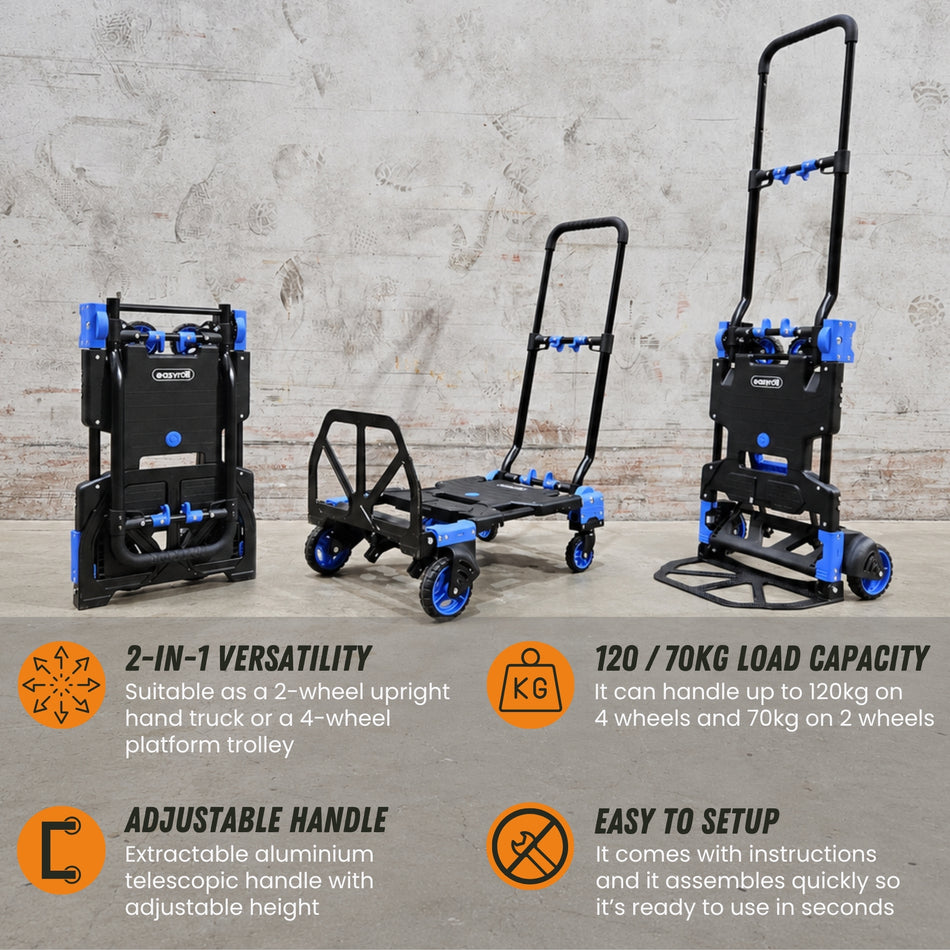 2-in-1 Sack Truck Folding Trolley 120kg Capacity, Black