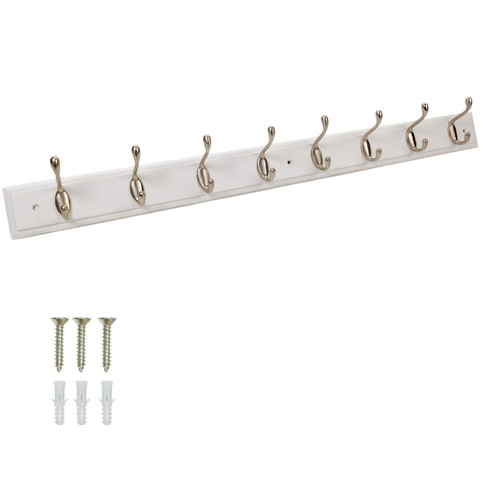Wall Mounted Coat Rack, 84cm White Board & 8 Satin Nickel Hooks