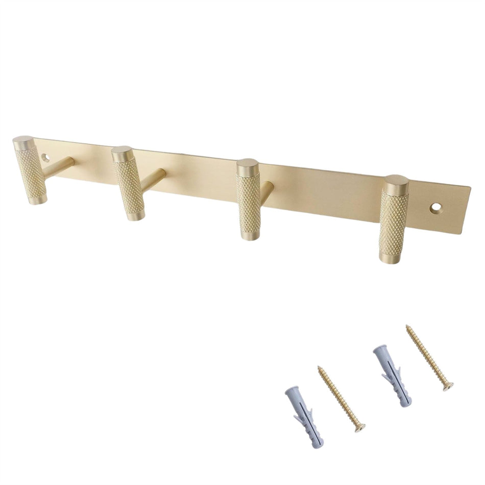 Brushed Brass Wall Mounted Coat Rack with Knurled Hooks - 4 Hooks