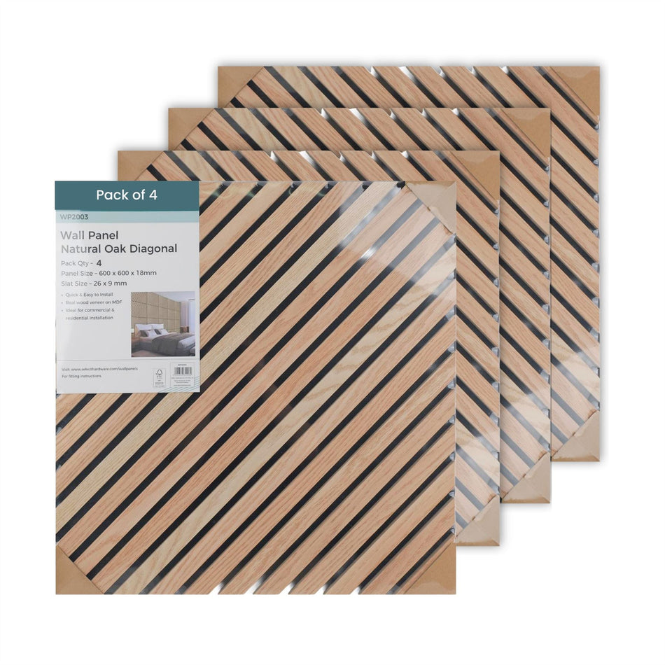 Light Oak Diagonal Square Wood Wall Panel 60x60cm, 4 Pack