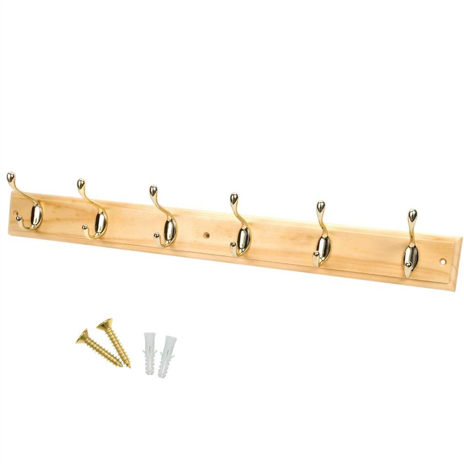 6 Polished Brass Heavy-Duty Hooks on Pine Wooden Board