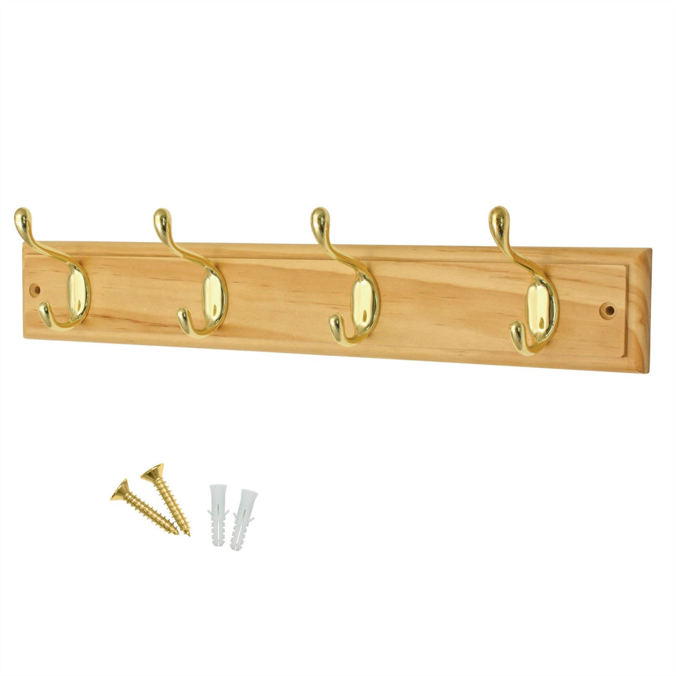 4 Polished Brass Heavy-Duty Hooks on Pine Wooden Board