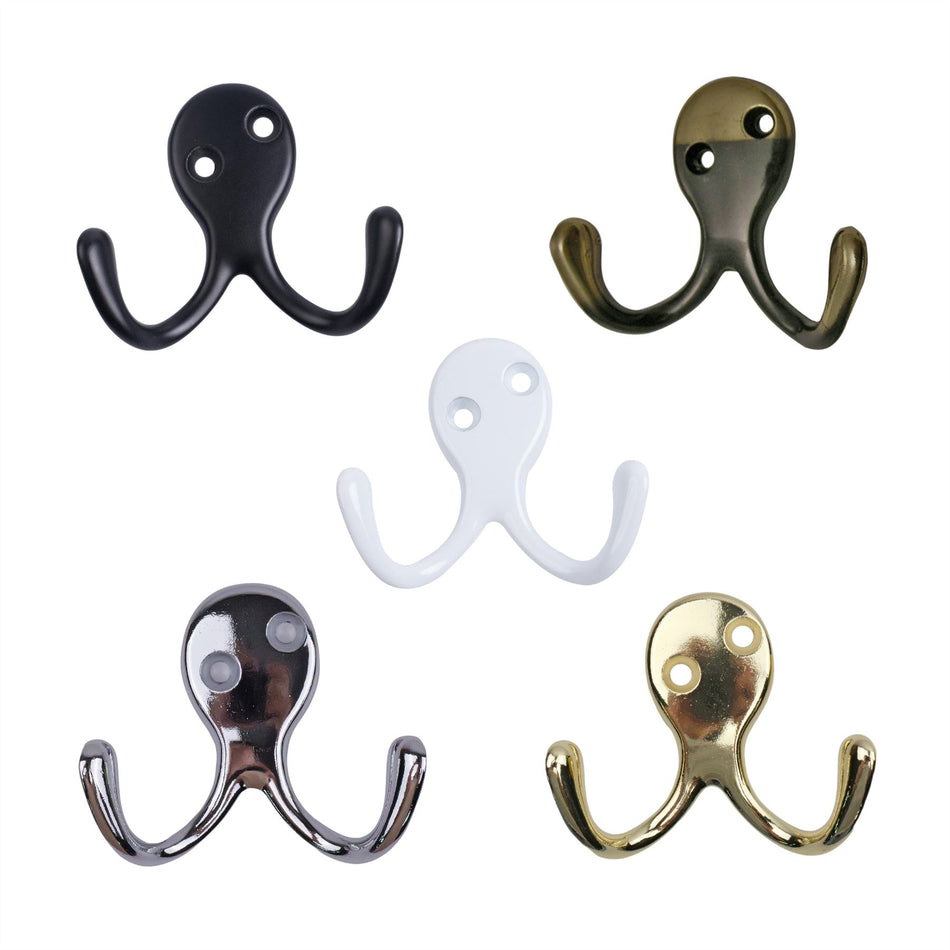 Double Robe Hook 10 Pack - Durable Aluminium Decorative Dual Hooks for Home & Office