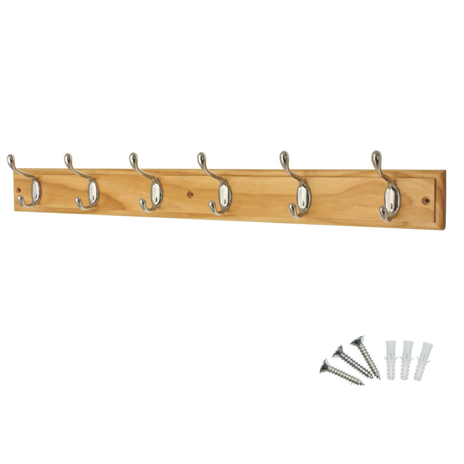 6 Polished Chrome Heavy-Duty Hooks on Pine Wooden Board