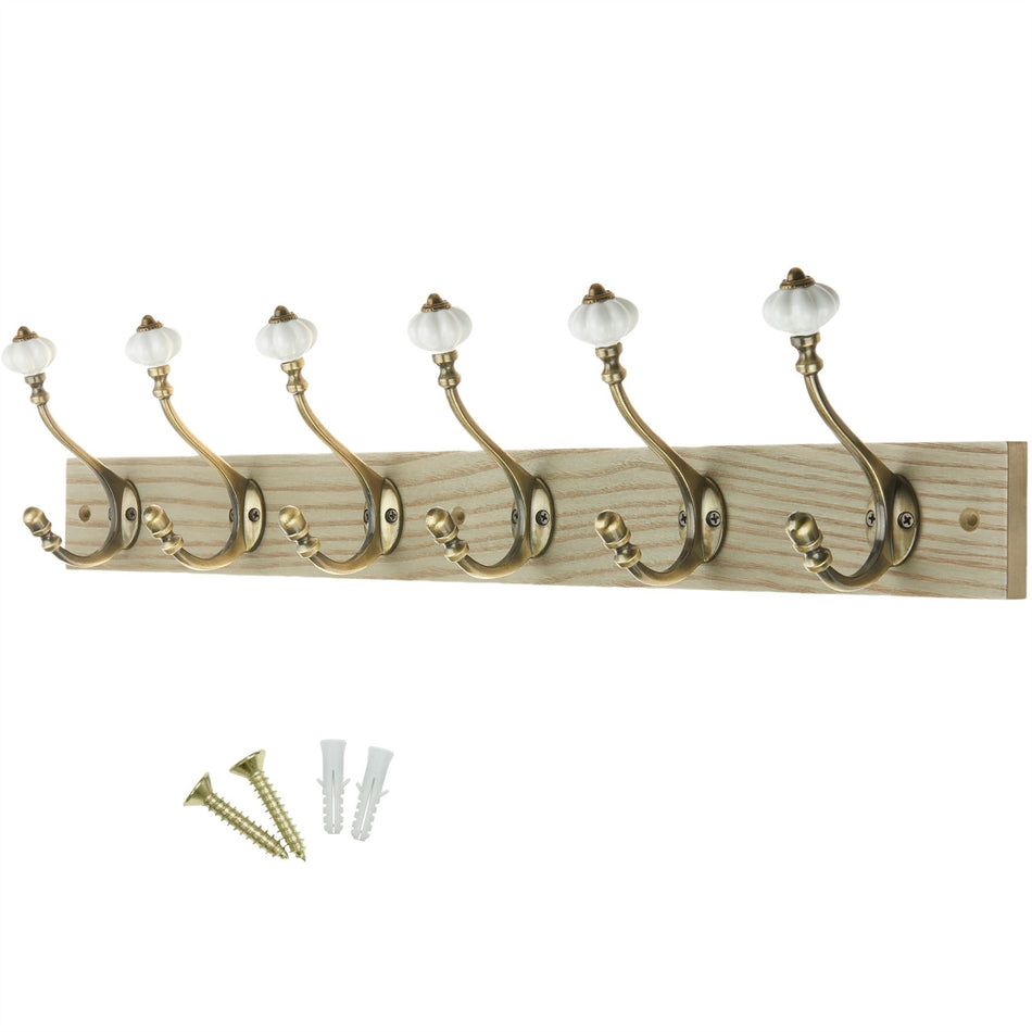 6 Ceramic Tip Hooks on Dark Rustic Wooden Board