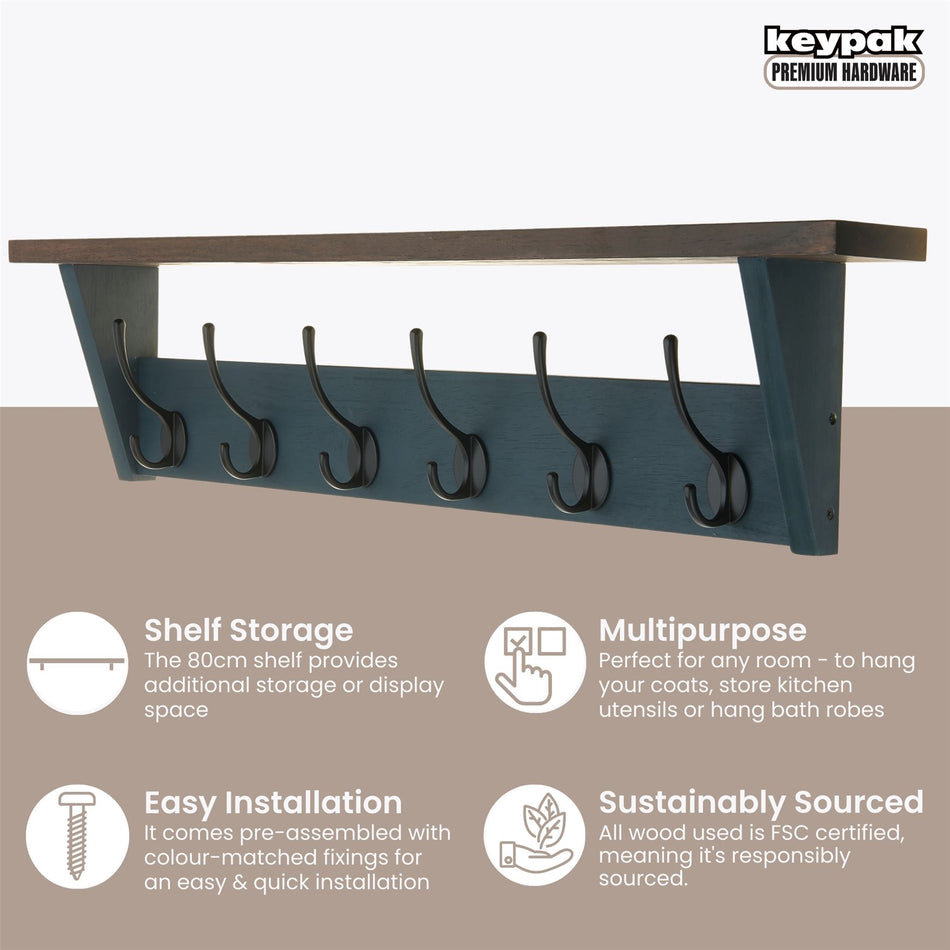 Victorian 6 Hook Coat Rack Wall Mounted with Shelf- Grey Oak Effect