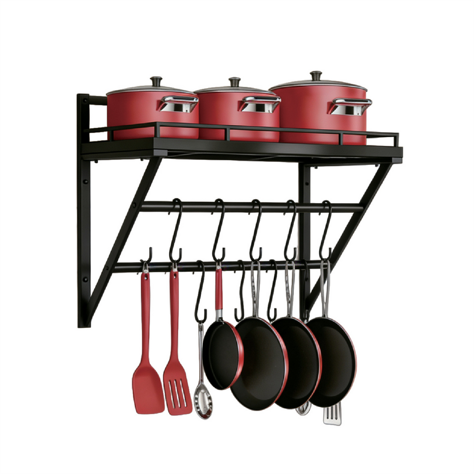 Black Heavy Duty Wall Mounted Pot and Lid Organiser Rack – 2 Tier Kitchen Storage Shelf with Hooks