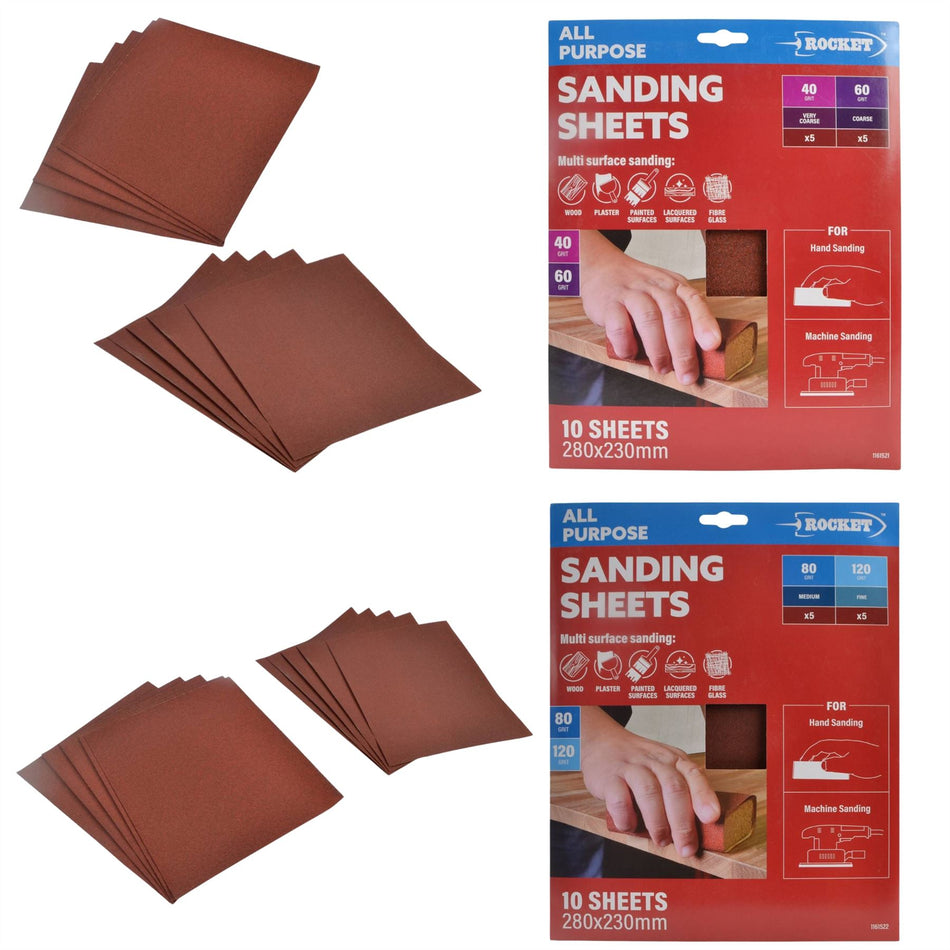 10pk Hand Sanding Sheets - 280mm x 230mm Coarse & Medium Sandpaper Plaster