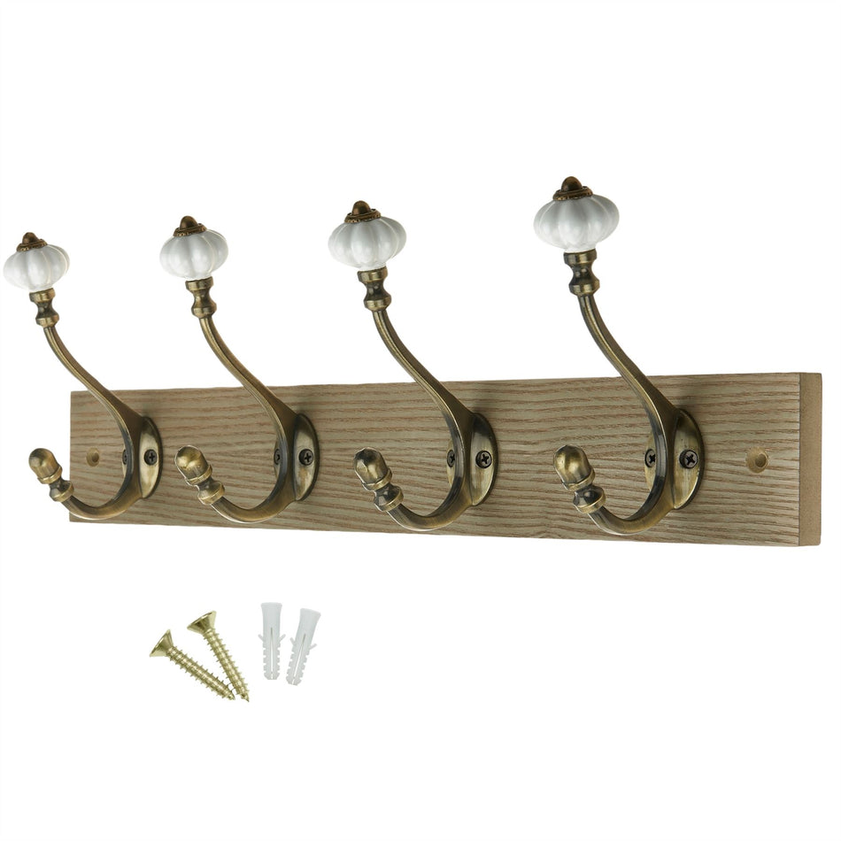 4 Ceramic Tip Hooks on Dark Rustic Wooden Board