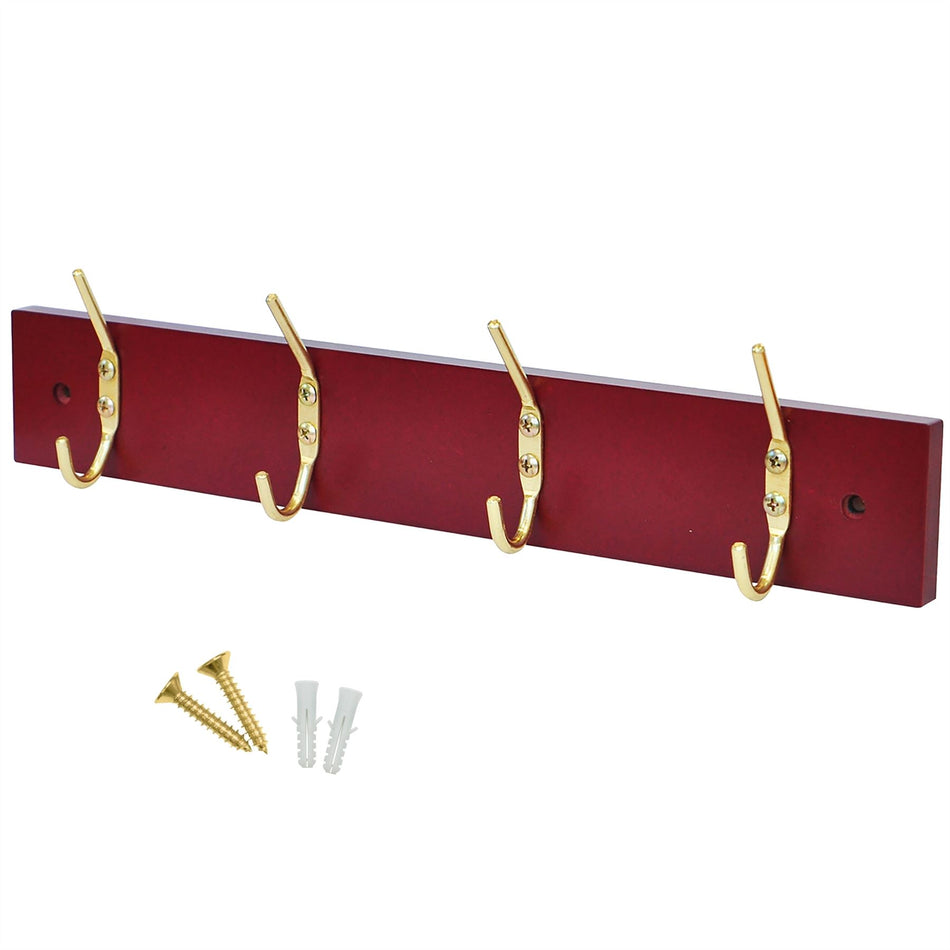 4 Brass Coat Hooks on Mahogany Wooden Board
