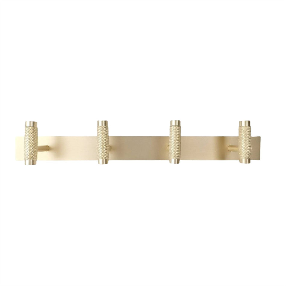 Brushed Brass Wall Mounted Coat Rack with Knurled Hooks - 4 Hooks